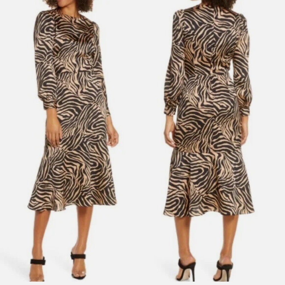 NWT Nordstrom Chelsea 28 Women's Black Tan Zebra Print Long Sleeve Midi Dress L